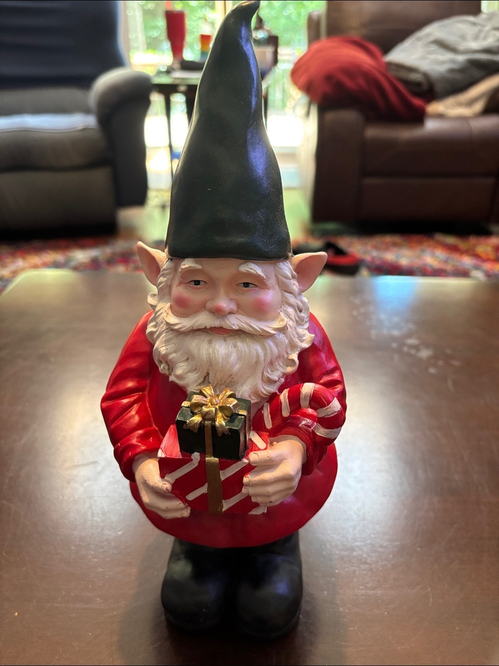 Kirklands Christmas Green Hat Gnome with Red Coat Holding Gift & Candy Cane